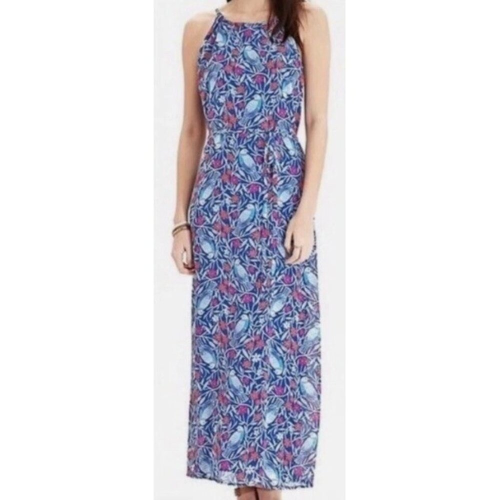 Old Navy Blue Floral and Bird Print Halter Maxi Dres